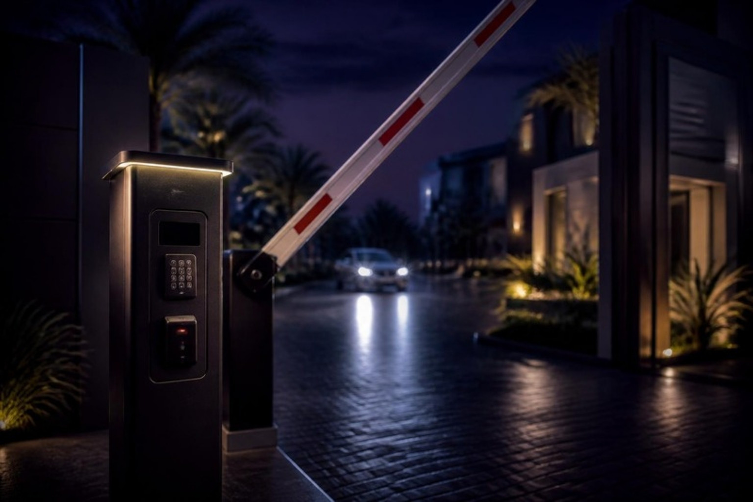 Access control barrier and reader at a compound gate